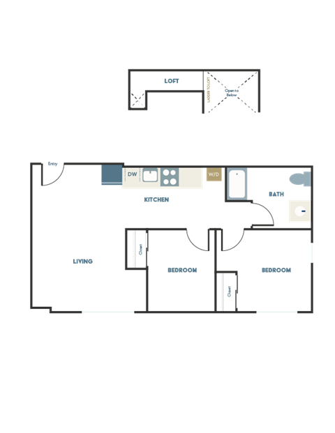Floor plan for 2 beds, 1 bath, 619 sqft
